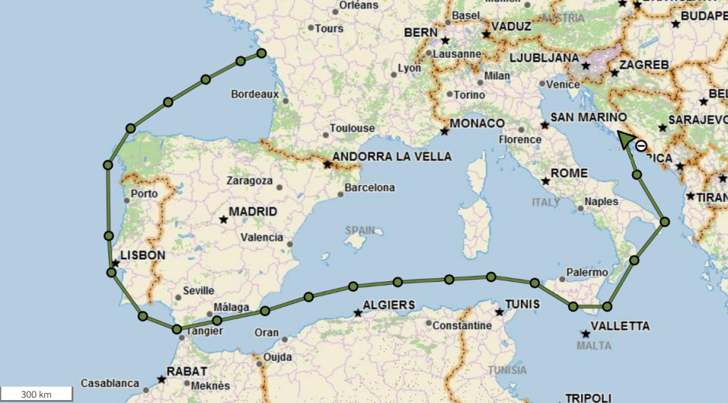 Example delivery route, France - Croatia
